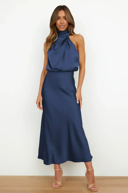 Elegant Satin Maxi Dress for Women with Halter Neck Blouson Bodice Sleeveless Formal Wedding Guest Style