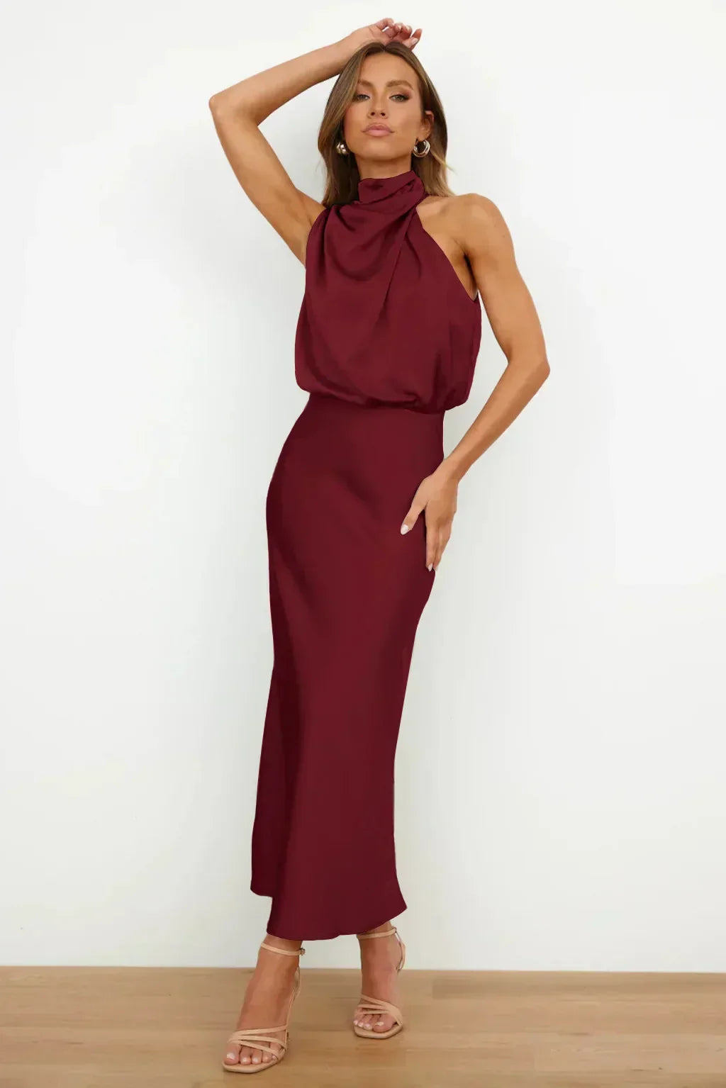Elegant Satin Maxi Dress for Women with Halter Neck Blouson Bodice Sleeveless Formal Wedding Guest Style