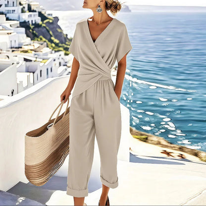 Effortless Wrap Jumpsuit for Women with V Neck Short Sleeve Cropped Wide Leg Relaxed Style