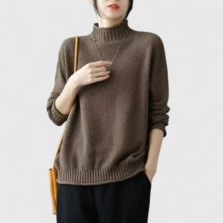 Comfortable Chunky Knit Sweater for Women with Mock Neck Long Sleeve Relaxed Oversized Asymmetrical Hem Style