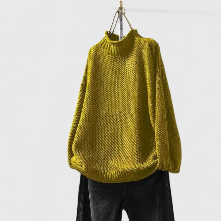 Comfortable Chunky Knit Sweater for Women with Mock Neck Long Sleeve Relaxed Oversized Asymmetrical Hem Style