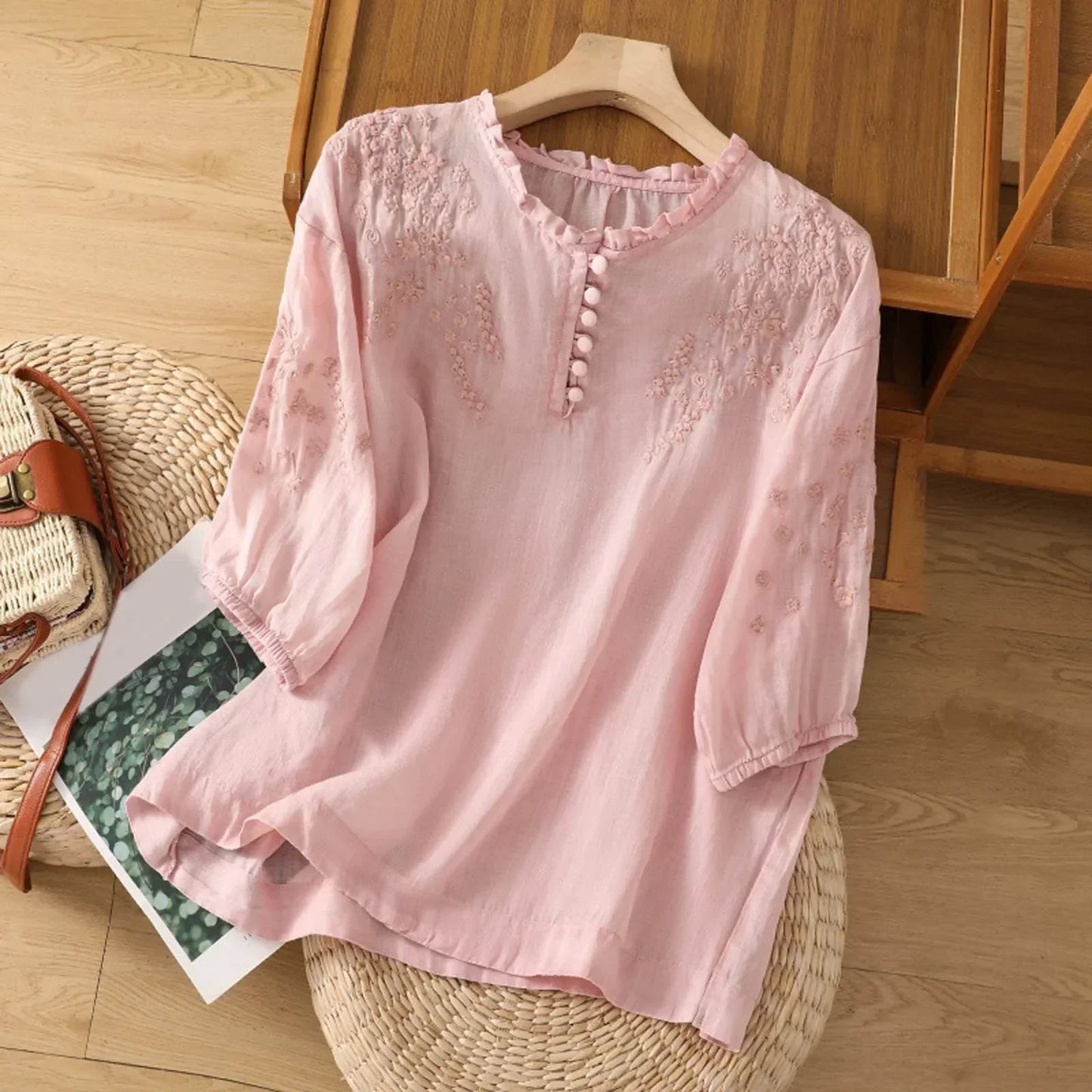 Effortless Embroidered Linen Blouse for Women with Ruffle V Neck Elbow Sleeve Button Front Boho Style
