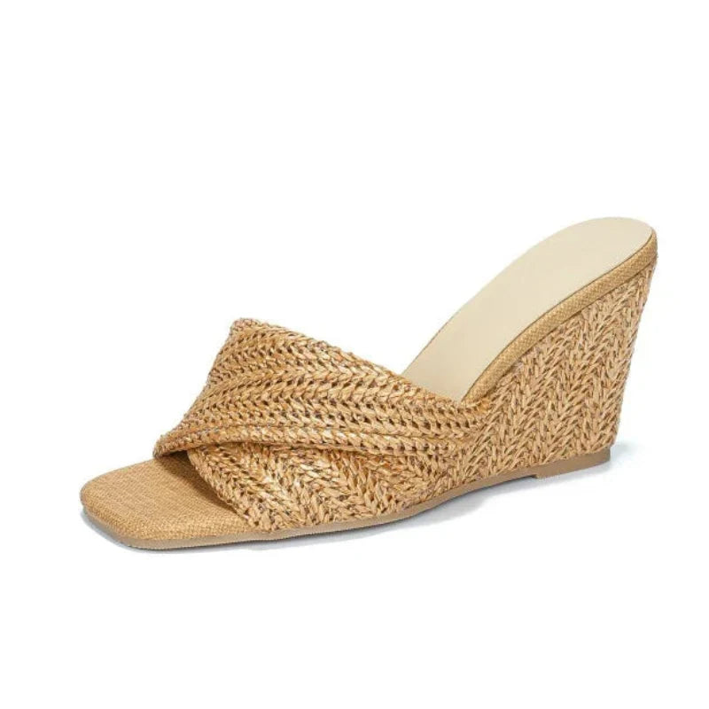 Effortless Woven Raffia Wedge Sandal for Women with Crisscross Open Toe Slip On Slide Style