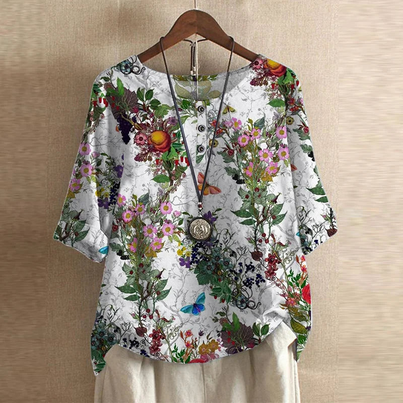Effortless Patchwork Print Blouse for Women with Round Neck Half Sleeve Relaxed Boho Style