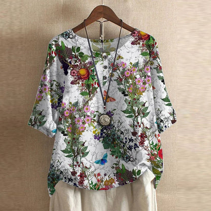 Effortless Patchwork Print Blouse for Women with Round Neck Half Sleeve Relaxed Boho Style