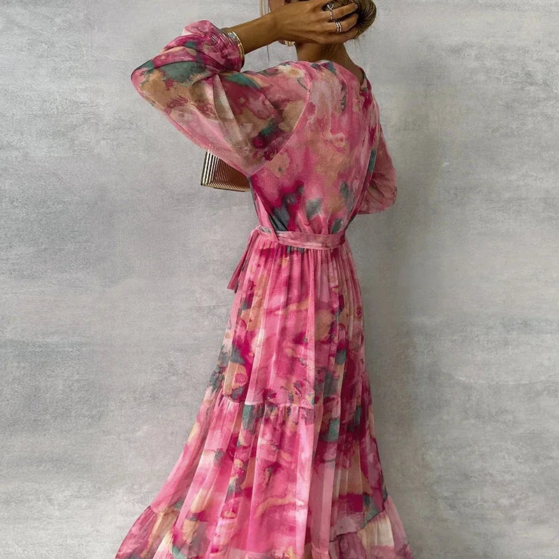 Effortless Pink Tie Dye Maxi Dress for Women with V Neck Bell Sleeve Tiered Ruffle Flowing Bohemian Style