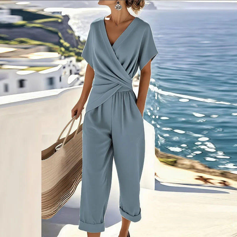 Effortless Wrap Jumpsuit for Women with V Neck Short Sleeve Cropped Wide Leg Relaxed Style
