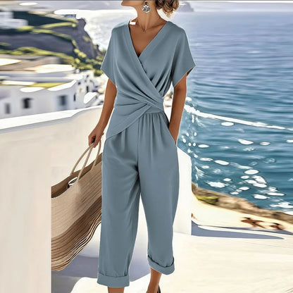 Effortless Wrap Jumpsuit for Women with V Neck Short Sleeve Cropped Wide Leg Relaxed Style