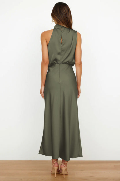 Elegant Satin Maxi Dress for Women with Halter Neck Blouson Bodice Sleeveless Formal Wedding Guest Style