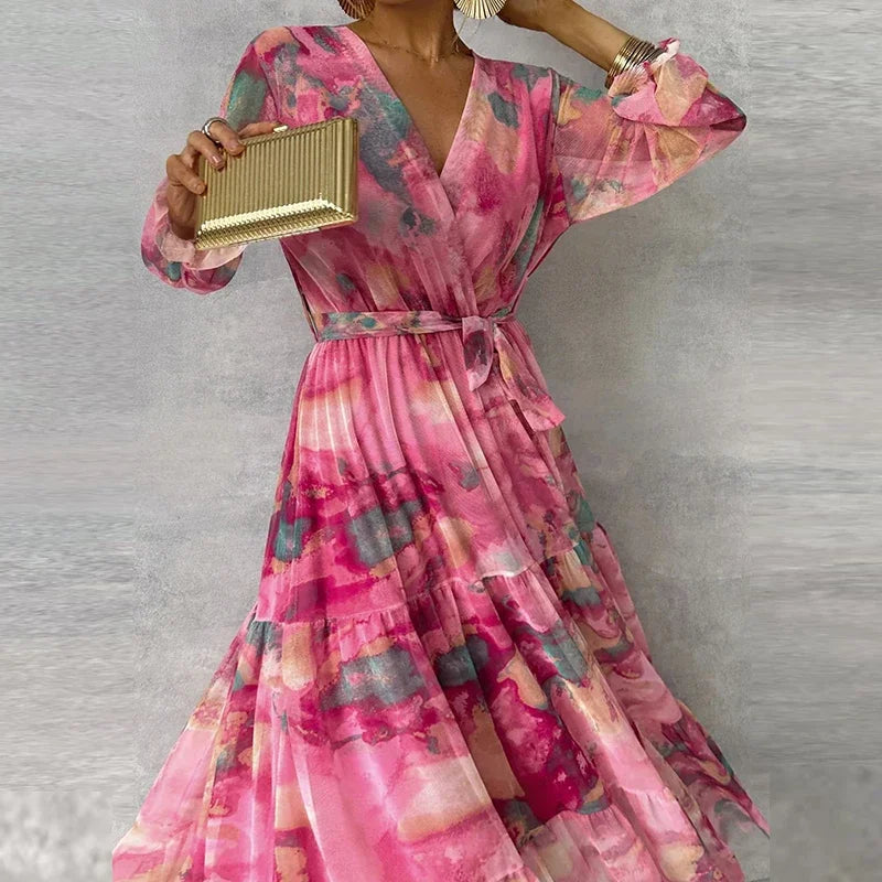 Effortless Pink Tie Dye Maxi Dress for Women with V Neck Bell Sleeve Tiered Ruffle Flowing Bohemian Style