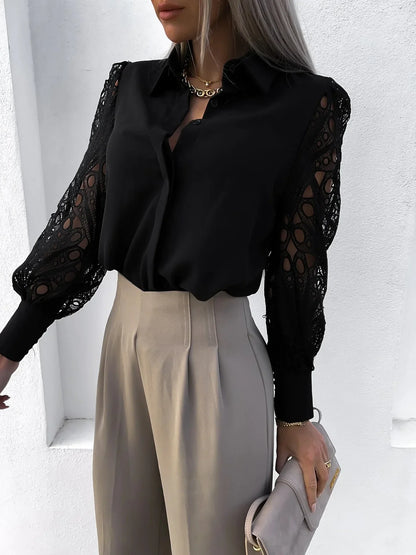 Elegant Satin Blouse for Women with Collar Long Sleeve Lace Cutout Silky Style