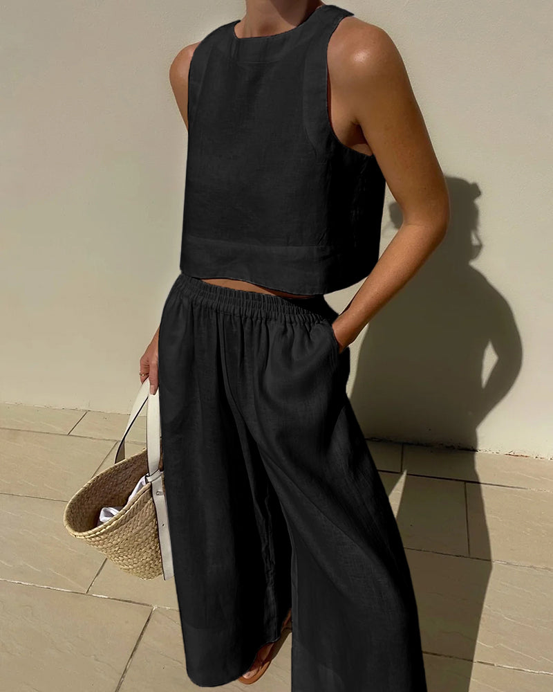 Effortless Linen Wide Leg Set for Women with Square Neck Sleeveless Elastic Waist Two Piece Style