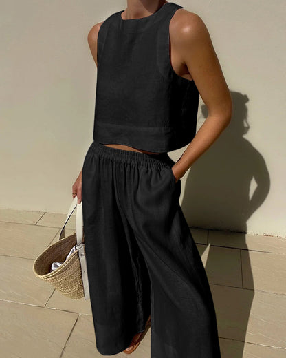 Effortless Linen Wide Leg Set for Women with Square Neck Sleeveless Elastic Waist Two Piece Style