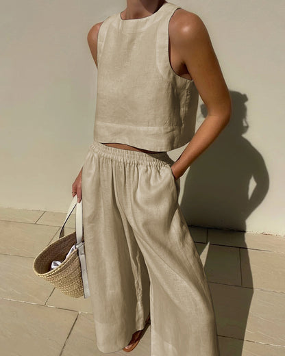 Effortless Linen Wide Leg Set for Women with Square Neck Sleeveless Elastic Waist Two Piece Style