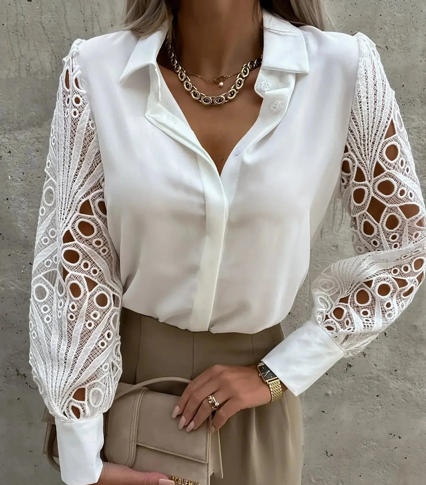 Elegant Satin Blouse for Women with Collar Long Sleeve Lace Cutout Silky Style