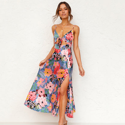 Elegant Floral Maxi Dress for Women with V Neck Spaghetti Strap Side Slit Formal Wedding Guest Style