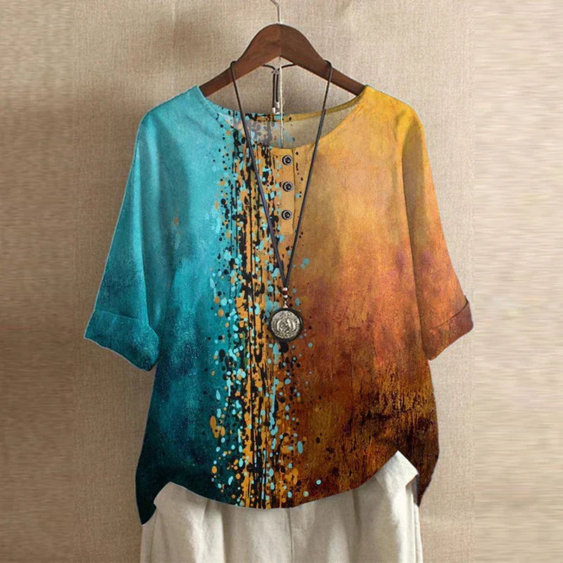 Effortless Patchwork Print Blouse for Women with Round Neck Half Sleeve Relaxed Boho Style