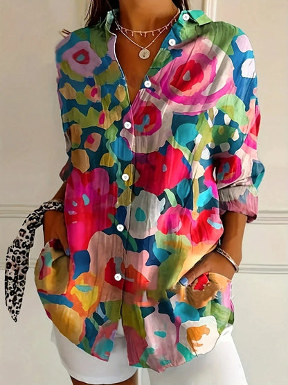 Effortless Floral Print Blouse for Women with V Neck Long Sleeve Button Front Relaxed Casual Style