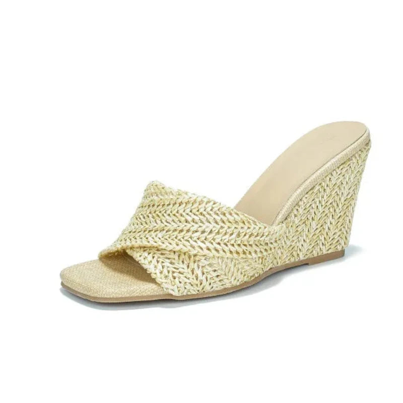 Effortless Woven Raffia Wedge Sandal for Women with Crisscross Open Toe Slip On Slide Style