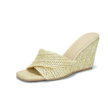 Effortless Woven Raffia Wedge Sandal for Women with Crisscross Open Toe Slip On Slide Style