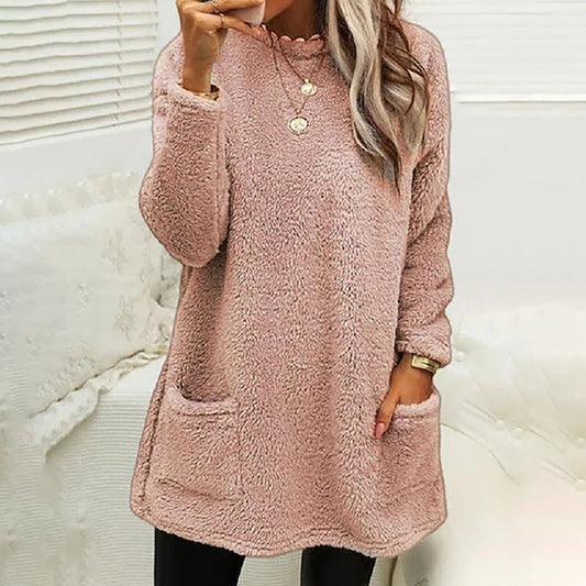 Comfortable Fleece Tunic Sweater for Women with Scalloped Crew Neck Long Sleeve Pocket Oversized Knit Style