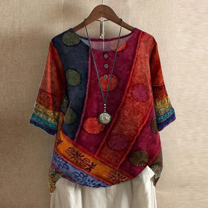 Effortless Patchwork Print Blouse for Women with Round Neck Half Sleeve Relaxed Boho Style