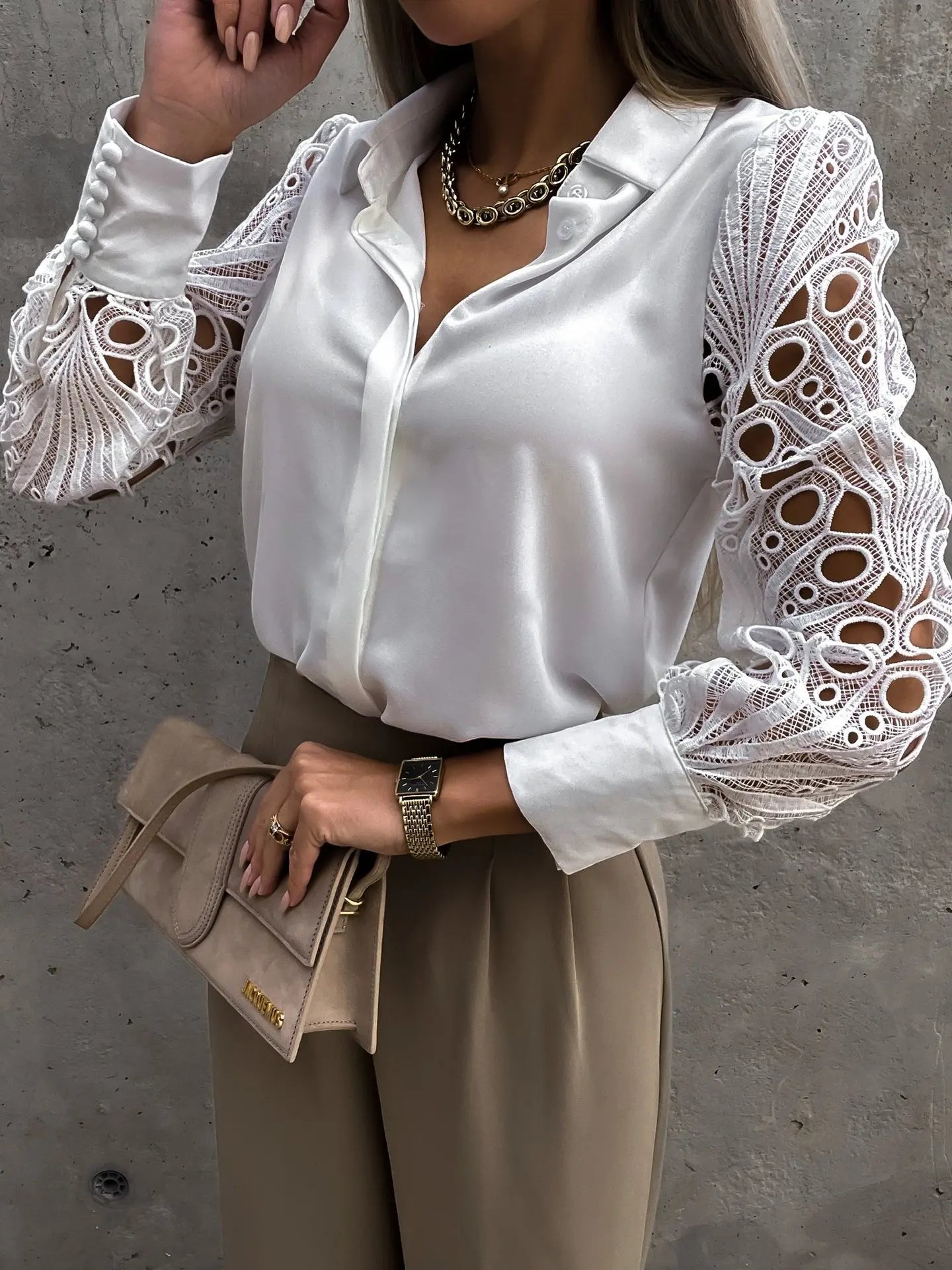 Elegant Satin Blouse for Women with Collar Long Sleeve Lace Cutout Silky Style