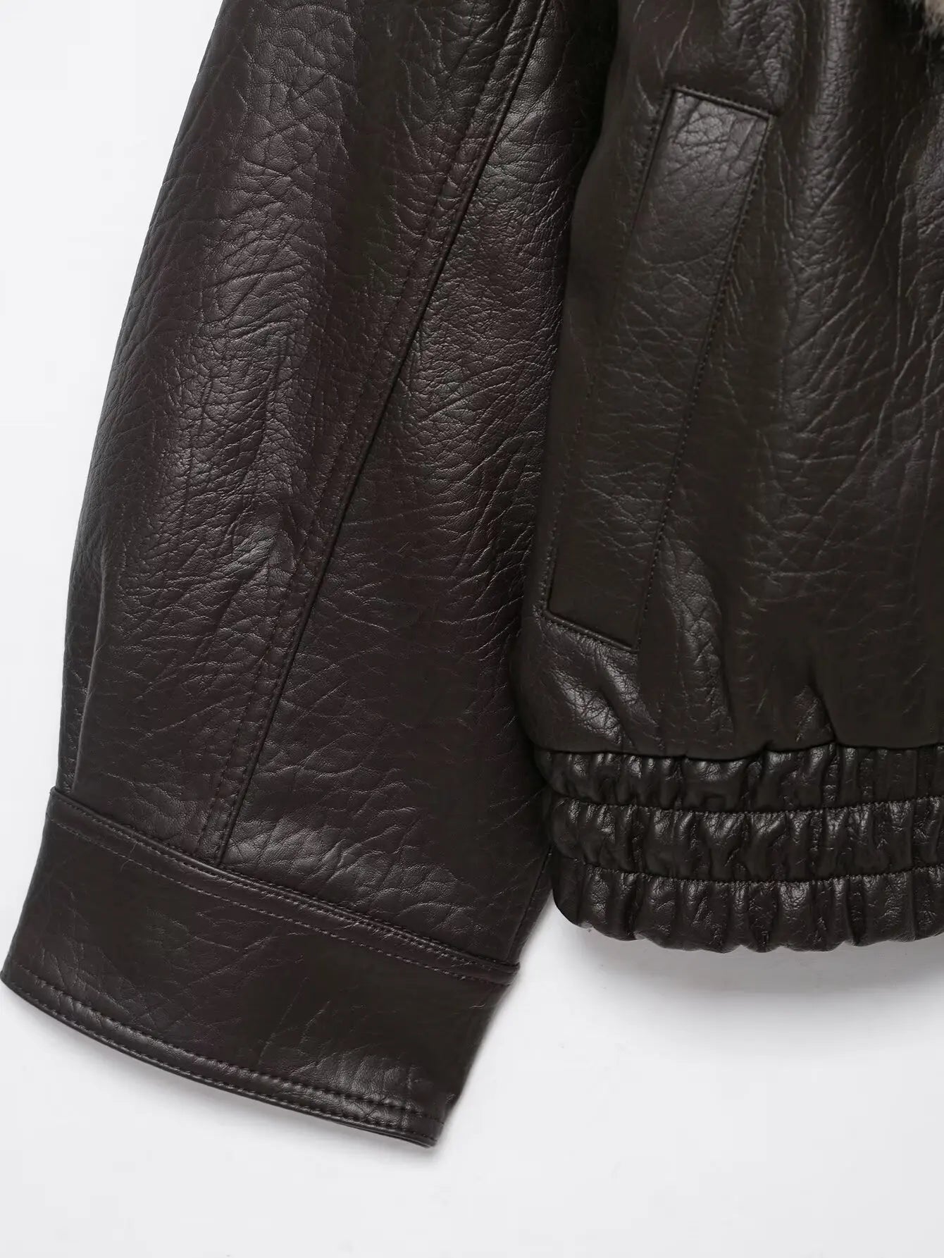 Effortless Leather Bomber Jacket for Women with Fur Collar Long Sleeve Oversized Snap Button Style