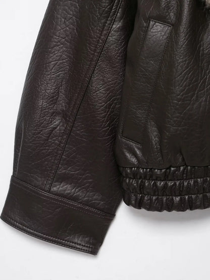 Effortless Leather Bomber Jacket for Women with Fur Collar Long Sleeve Oversized Snap Button Style