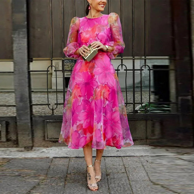 Effortless Floral Chiffon Midi Dress for Women with Round Neck Long Sleeve Flowing Formal Wedding Guest Style