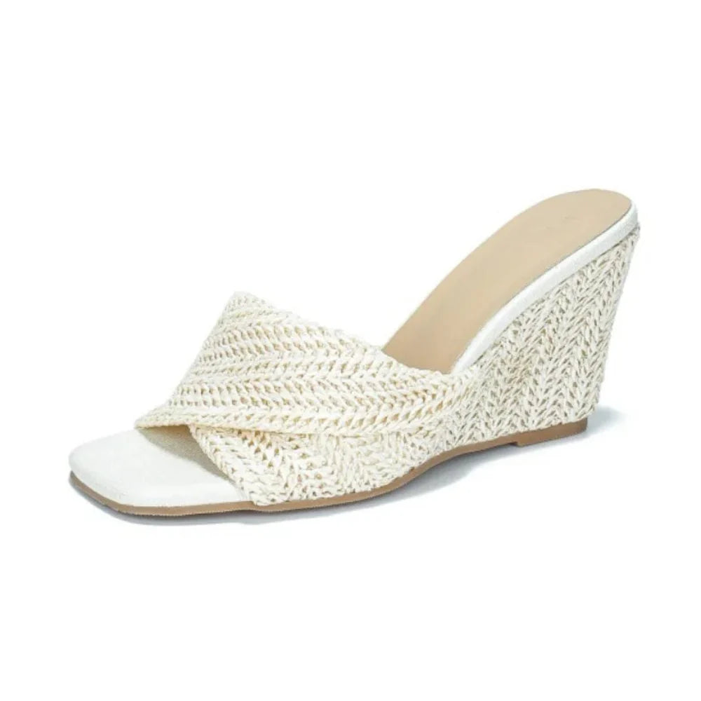 Effortless Woven Raffia Wedge Sandal for Women with Crisscross Open Toe Slip On Slide Style