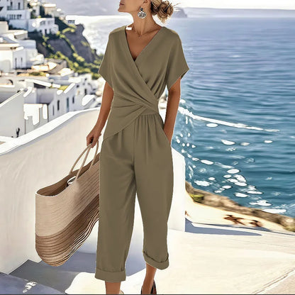 Effortless Wrap Jumpsuit for Women with V Neck Short Sleeve Cropped Wide Leg Relaxed Style