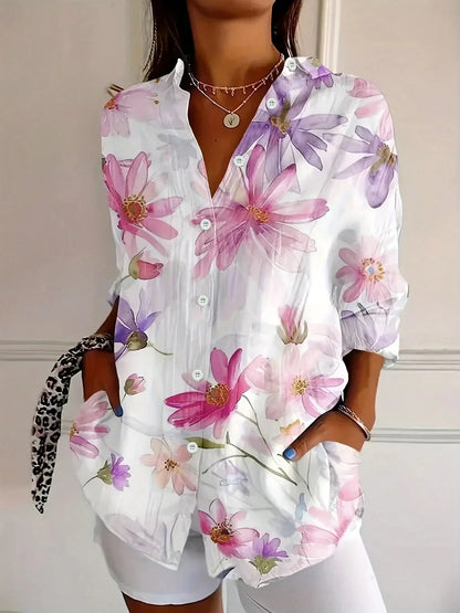 Effortless Floral Print Blouse for Women with V Neck Long Sleeve Button Front Relaxed Casual Style