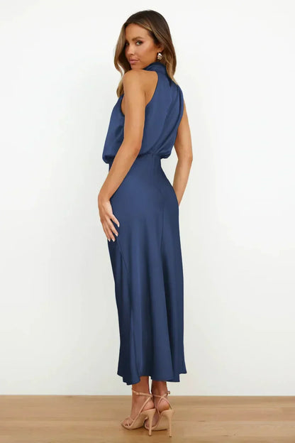 Elegant Satin Maxi Dress for Women with Halter Neck Blouson Bodice Sleeveless Formal Wedding Guest Style