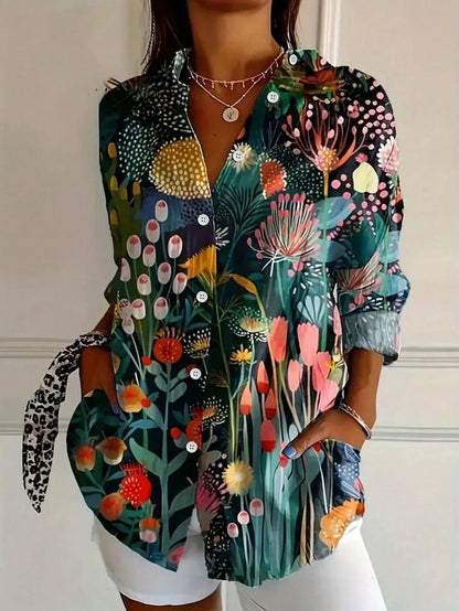 Effortless Floral Print Blouse for Women with V Neck Long Sleeve Button Front Relaxed Casual Style