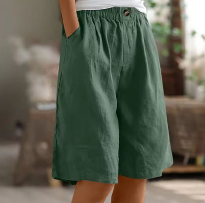 Effortless Olive Green Linen Bermuda Shorts for Women with Elastic Waist Button Front Wide Leg Relaxed Style