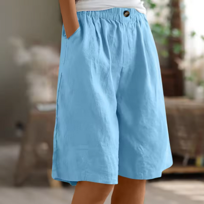 Effortless Olive Green Linen Bermuda Shorts for Women with Elastic Waist Button Front Wide Leg Relaxed Style