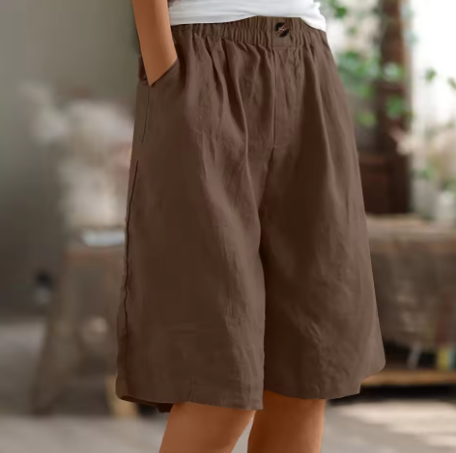 Effortless Olive Green Linen Bermuda Shorts for Women with Elastic Waist Button Front Wide Leg Relaxed Style