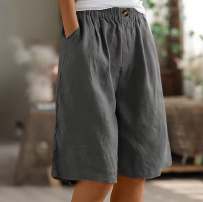 Effortless Olive Green Linen Bermuda Shorts for Women with Elastic Waist Button Front Wide Leg Relaxed Style