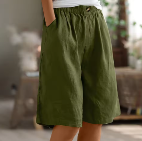 Effortless Olive Green Linen Bermuda Shorts for Women with Elastic Waist Button Front Wide Leg Relaxed Style