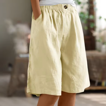 Effortless Olive Green Linen Bermuda Shorts for Women with Elastic Waist Button Front Wide Leg Relaxed Style