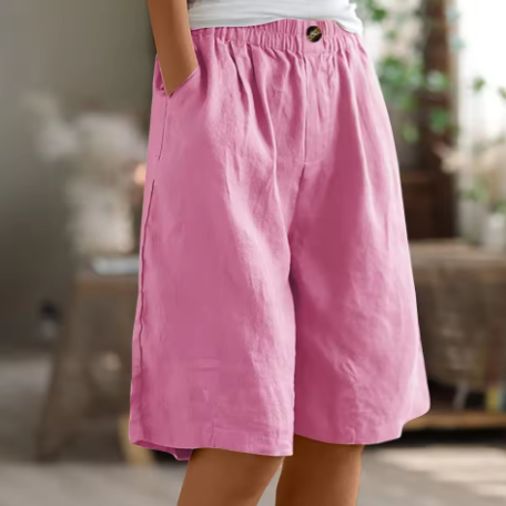 Effortless Olive Green Linen Bermuda Shorts for Women with Elastic Waist Button Front Wide Leg Relaxed Style