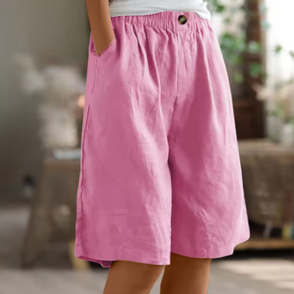 Effortless Olive Green Linen Bermuda Shorts for Women with Elastic Waist Button Front Wide Leg Relaxed Style