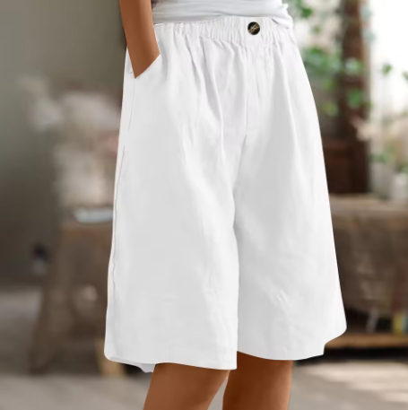 Effortless Olive Green Linen Bermuda Shorts for Women with Elastic Waist Button Front Wide Leg Relaxed Style