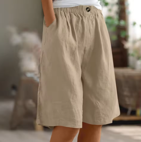 Effortless Olive Green Linen Bermuda Shorts for Women with Elastic Waist Button Front Wide Leg Relaxed Style