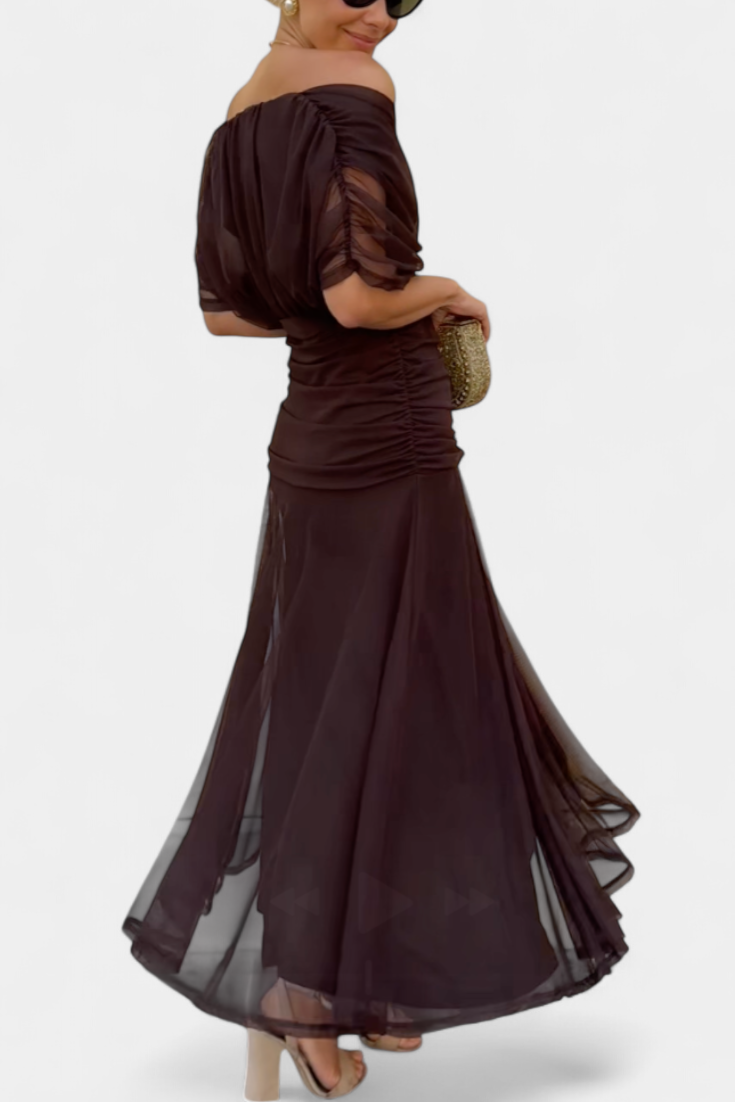 Elegant Floral Maxi Dress for Women with Off Shoulder Draped Sleeve Mermaid Hem Formal Wedding Guest Style