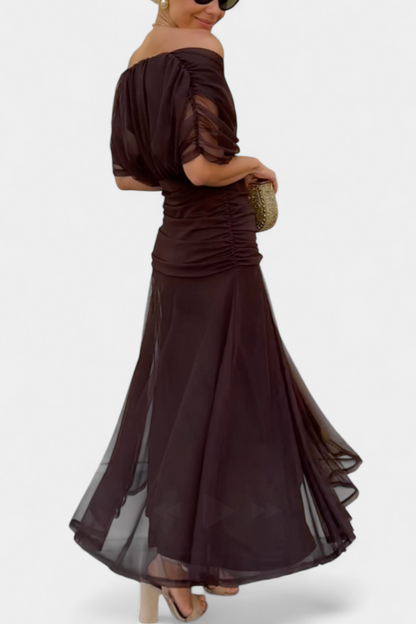 Elegant Floral Maxi Dress for Women with Off Shoulder Draped Sleeve Mermaid Hem Formal Wedding Guest Style