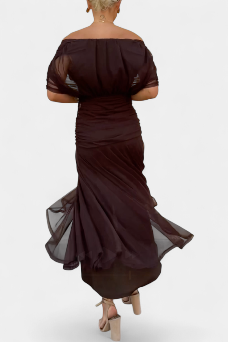 Elegant Floral Maxi Dress for Women with Off Shoulder Draped Sleeve Mermaid Hem Formal Wedding Guest Style