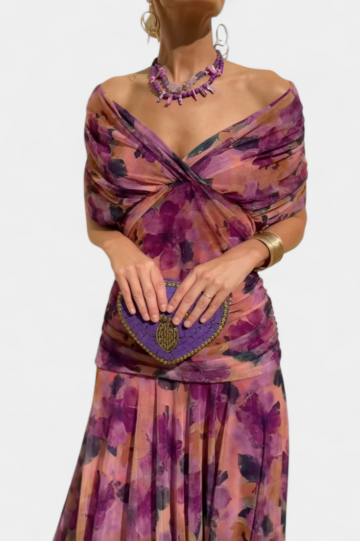 Elegant Floral Maxi Dress for Women with Off Shoulder Draped Sleeve Mermaid Hem Formal Wedding Guest Style