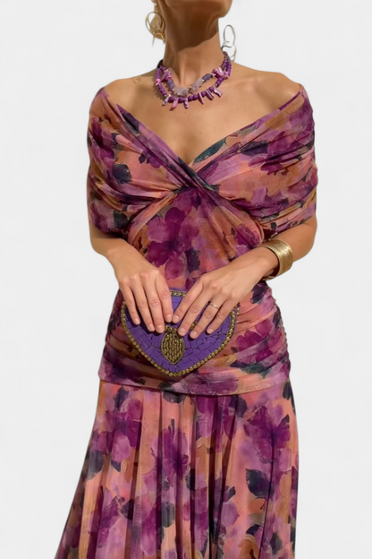 Elegant Floral Maxi Dress for Women with Off Shoulder Draped Sleeve Mermaid Hem Formal Wedding Guest Style